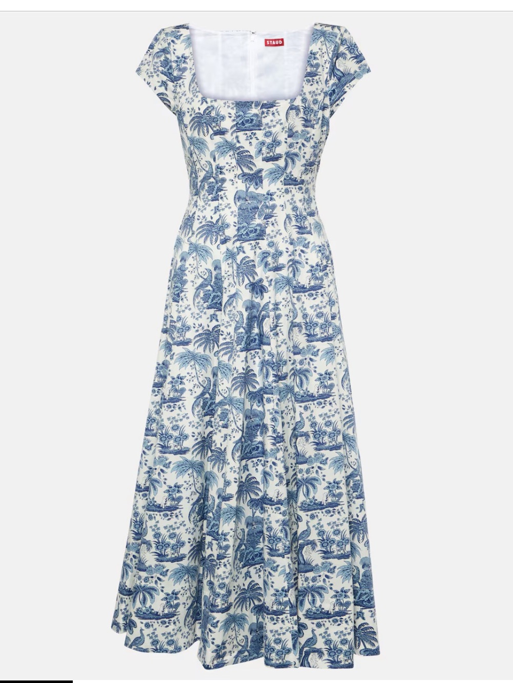 STAUD Blue & White Toile-Print Cotton Wells Midi Dress